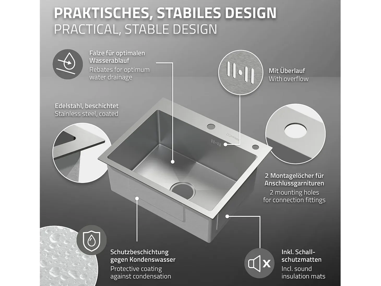 Fregadero de cocina de un seno 55x45 cm lavabo con desagüe dosificador de jabón