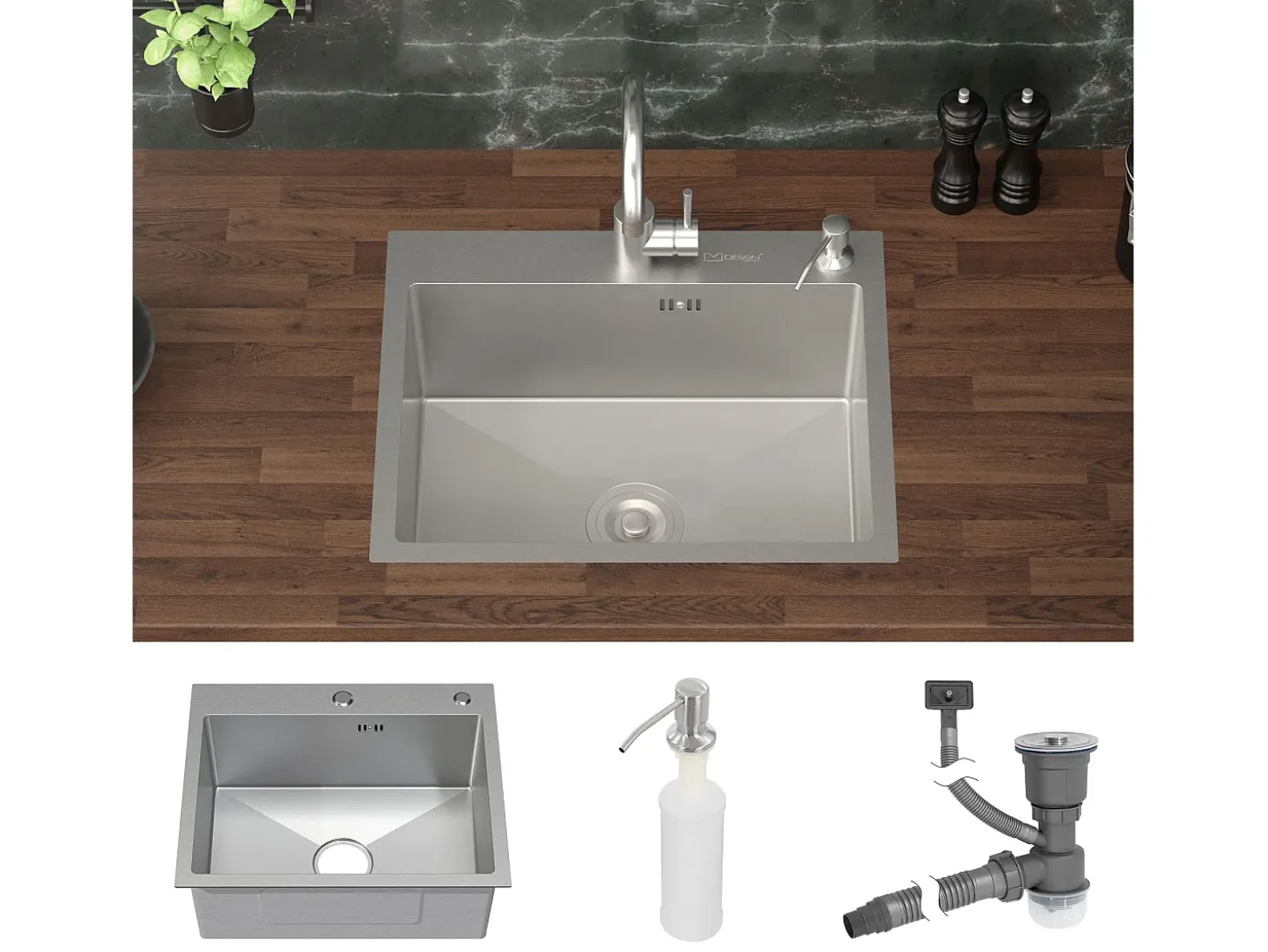Fregadero de cocina de un seno 55x45 cm lavabo con desagüe dosificador de jabón
