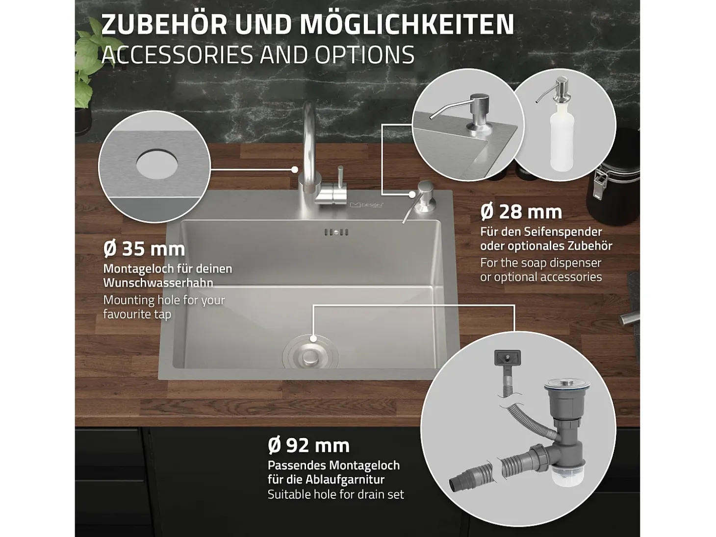 Fregadero de cocina de un seno 55x45 cm lavabo con desagüe dosificador de jabón