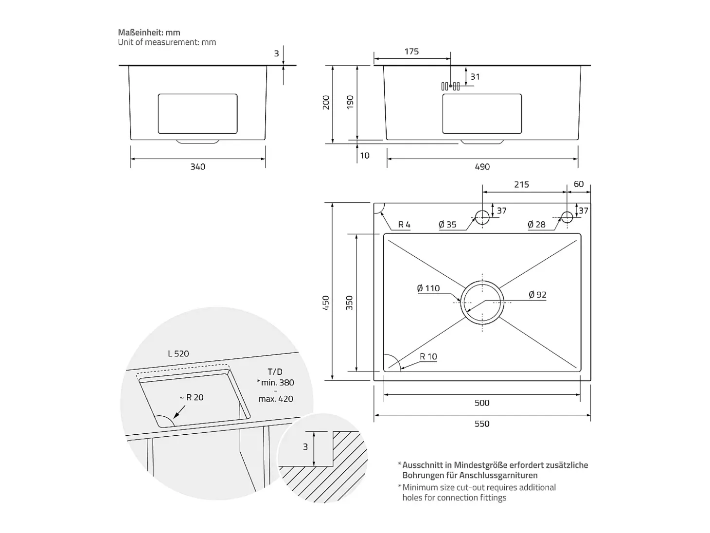 Fregadero de cocina de un seno 55x45 cm lavabo con desagüe dosificador de jabón