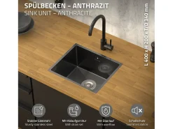 Fregadero de cocina de un seno 34x40cm antracita lavabo con desagüe y rebosadero