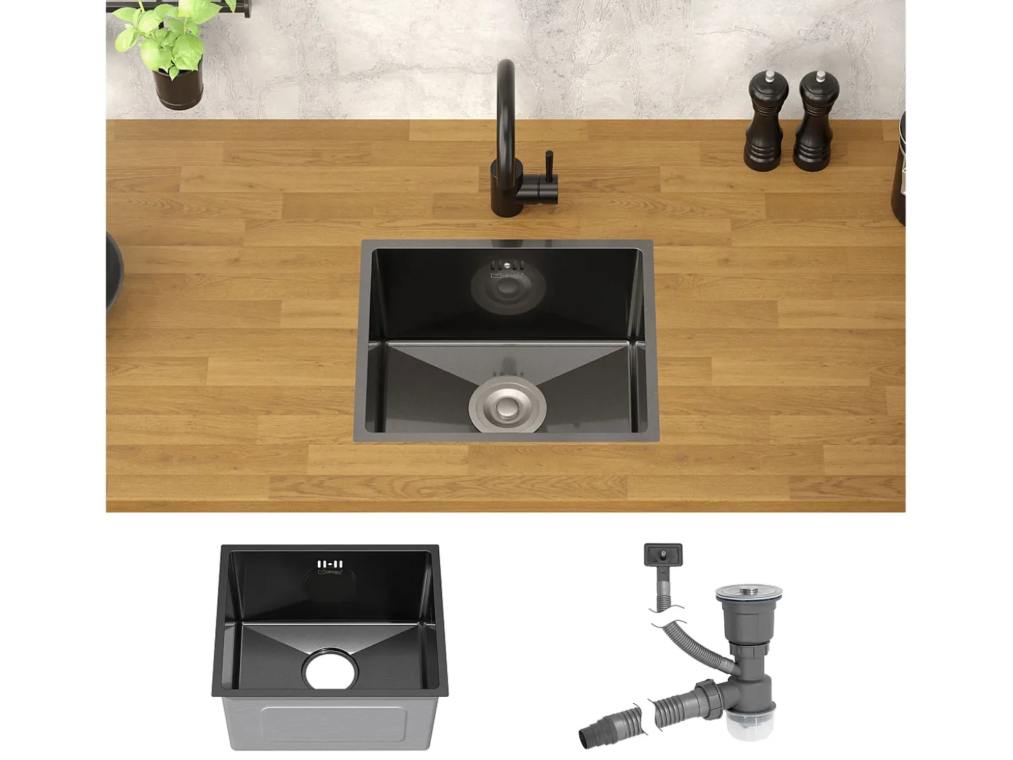Fregadero de cocina de un seno 34x40cm antracita lavabo con desagüe y rebosadero