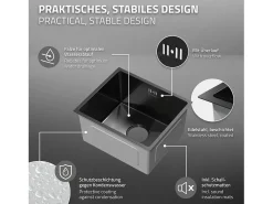 Fregadero de cocina de un seno 34x40cm antracita lavabo con desagüe y rebosadero