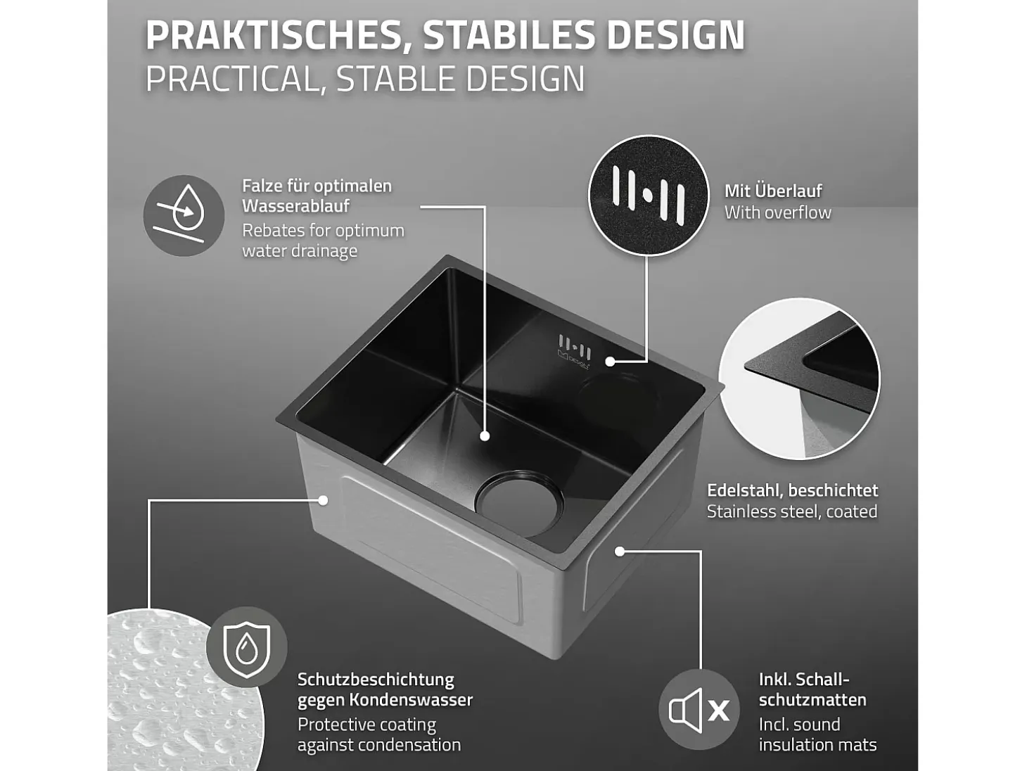 Fregadero de cocina de un seno 34x40cm antracita lavabo con desagüe y rebosadero