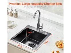 Fregadero de Cocina SucceBuy Fregadero de Cocina de 40 cm con Montaje Superior, de un Seno, de Acero Inoxidable, Color Negro