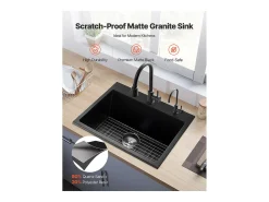 Fregadero de Cocina SucceBuy Moderno en Granito de 63,5 cm, Fregadero de Sobremesa de Cubeta Grande Simple, Cubeta Lavadora Empotrable con Múltiples Accesorios