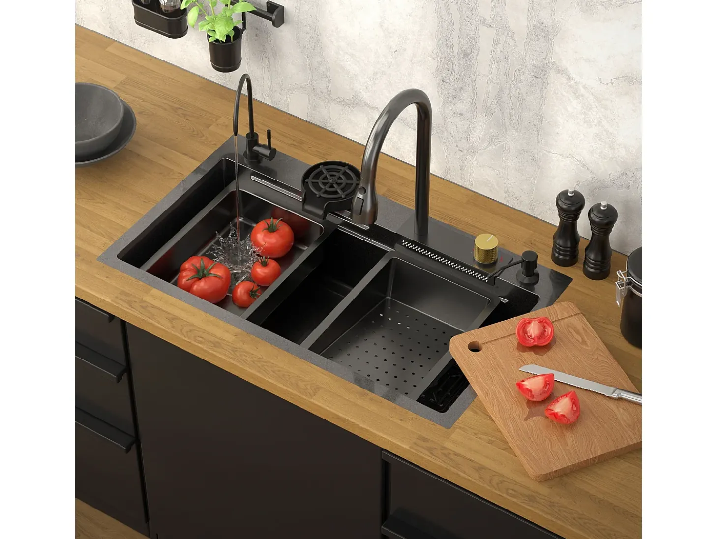 Fregadero de cocina 80x46 cm lavabo rectangular antracita acero con accesorios