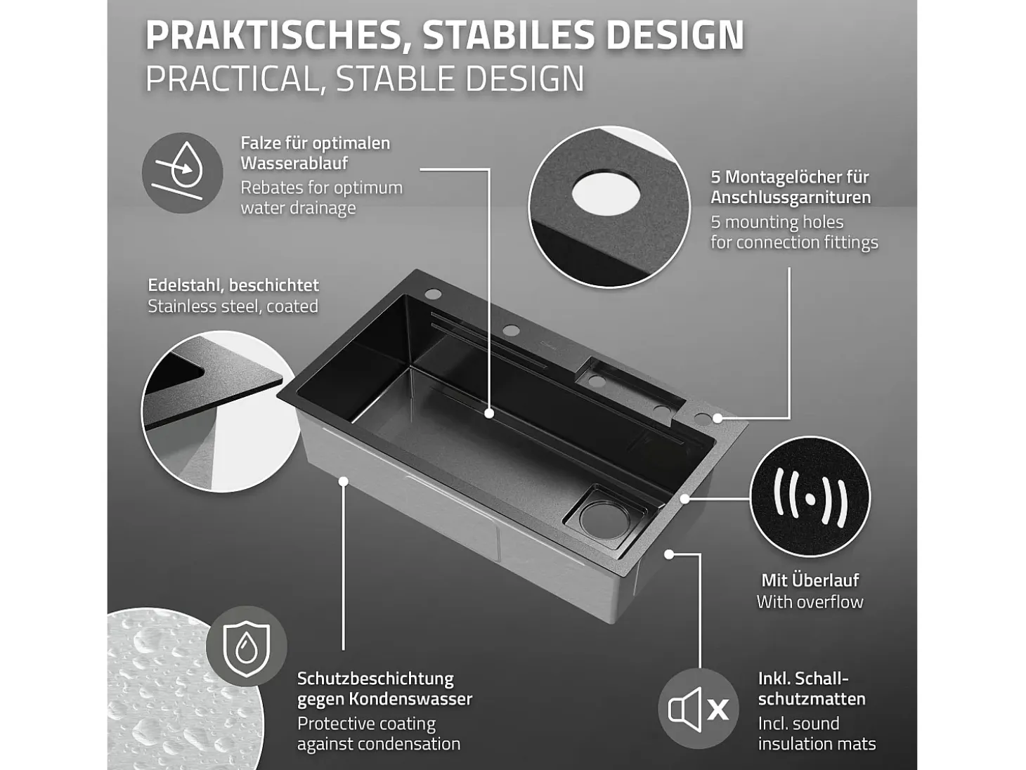 Fregadero de cocina 80x46 cm lavabo rectangular antracita acero con accesorios