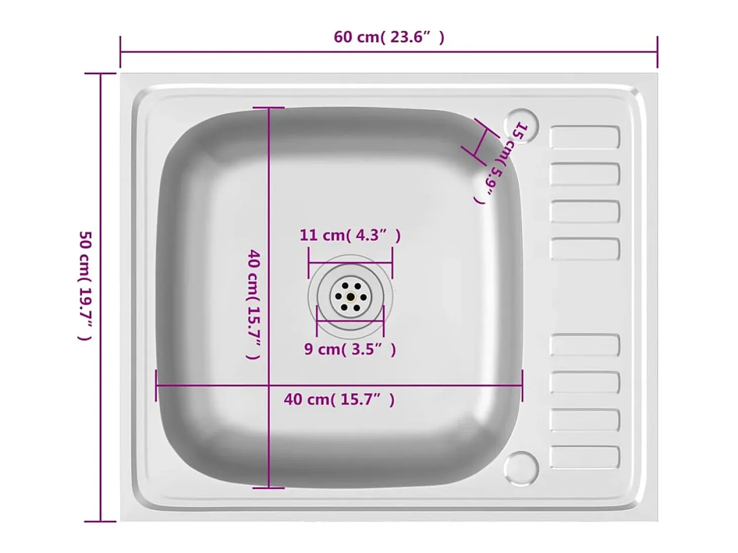 Fregadero de cocina y escurridor plateado 600x500x155 mm acero inoxidable