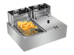 Freidora eléctrica 5000W, tanque doble 12L, 60 ºC a 200 ºC, freidora comercial en acero inoxidable, 55x43x28.5 cm