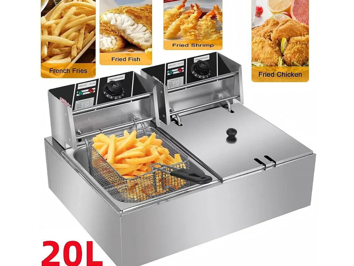 Freidora eléctrica 5000W, tanque doble 12L, 60 ºC a 200 ºC, freidora comercial en acero inoxidable, 55x43x28.5 cm