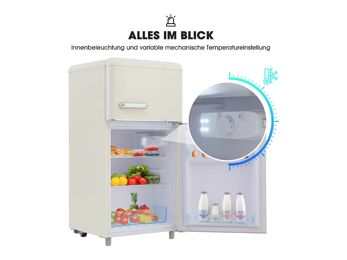 Frigorífico retro, frigorífico de doble puerta superior e inferior, volumen total de 72 litros, con volumen de congelador de 21 litros, 120 kWh/año, luz LED