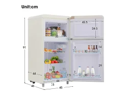 Frigorífico retro, frigorífico de doble puerta superior e inferior, volumen total de 72 litros, con volumen de congelador de 21 litros, 120 kWh/año, luz LED