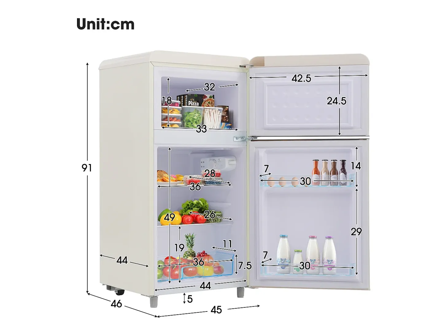 Frigorífico retro, frigorífico de doble puerta superior e inferior, volumen total de 72 litros, con volumen de congelador de 21 litros, 120 kWh/año, luz LED