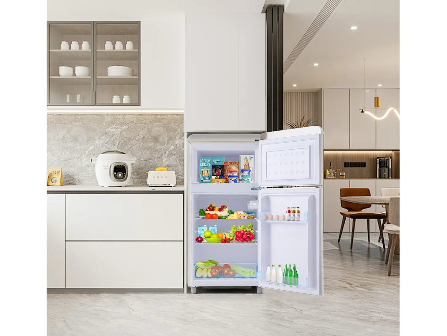 Frigorífico retro, frigorífico de doble puerta superior e inferior, volumen total de 72 litros, con volumen de congelador de 21 litros, 120 kWh/año, luz LED