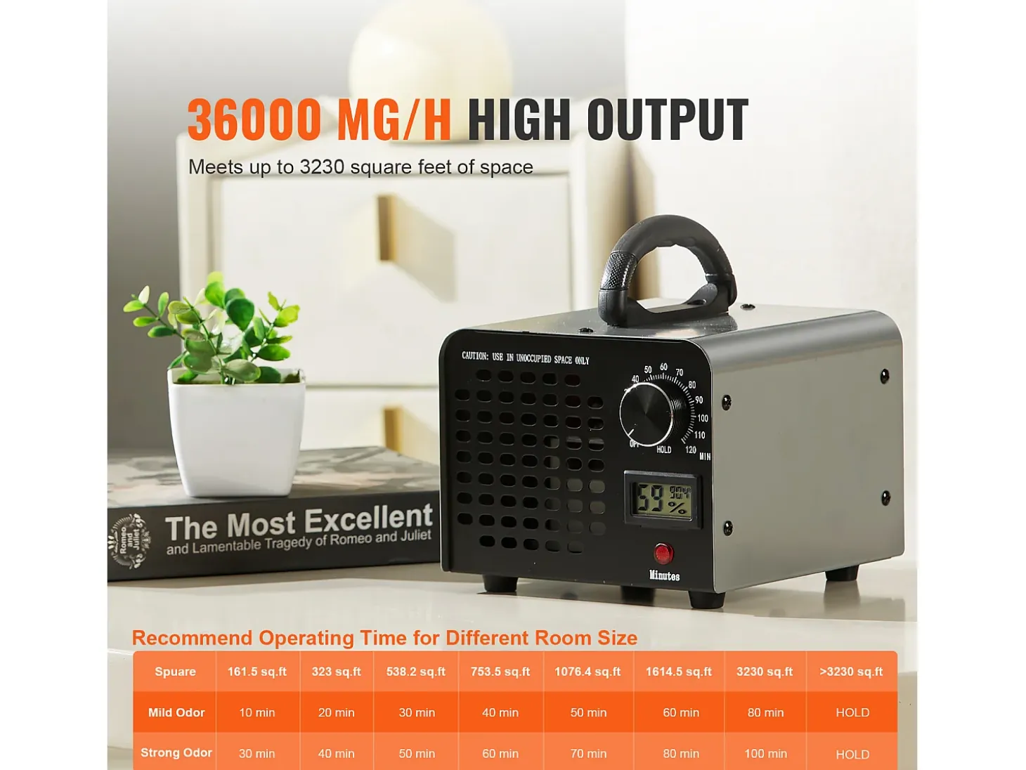 Generador de Ozono SucceBuy, Máquina de Ozono de 36000 mg/h con Cronómetro de 0 a 120 Minutos
