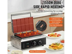 Gofrera Comercial Rectangular SucceBuy 10PCS 1550W, Antiadherente, en Acero Inoxidable, Control De Temperatura y Tiempo, Mango