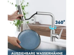 Grifo de cocina extraíble NETTLIFE - Grifo mezclador para fregadero de 360° con ducha de acero inoxidable, 2 modos de pulverización