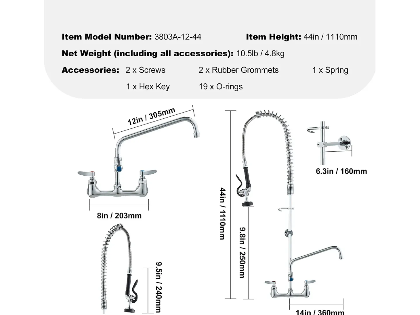 Grifo de Cocina SucceBuy para Fregadero de Montaje en Pared - Con Rociador de Prelavado, 111.8 cm