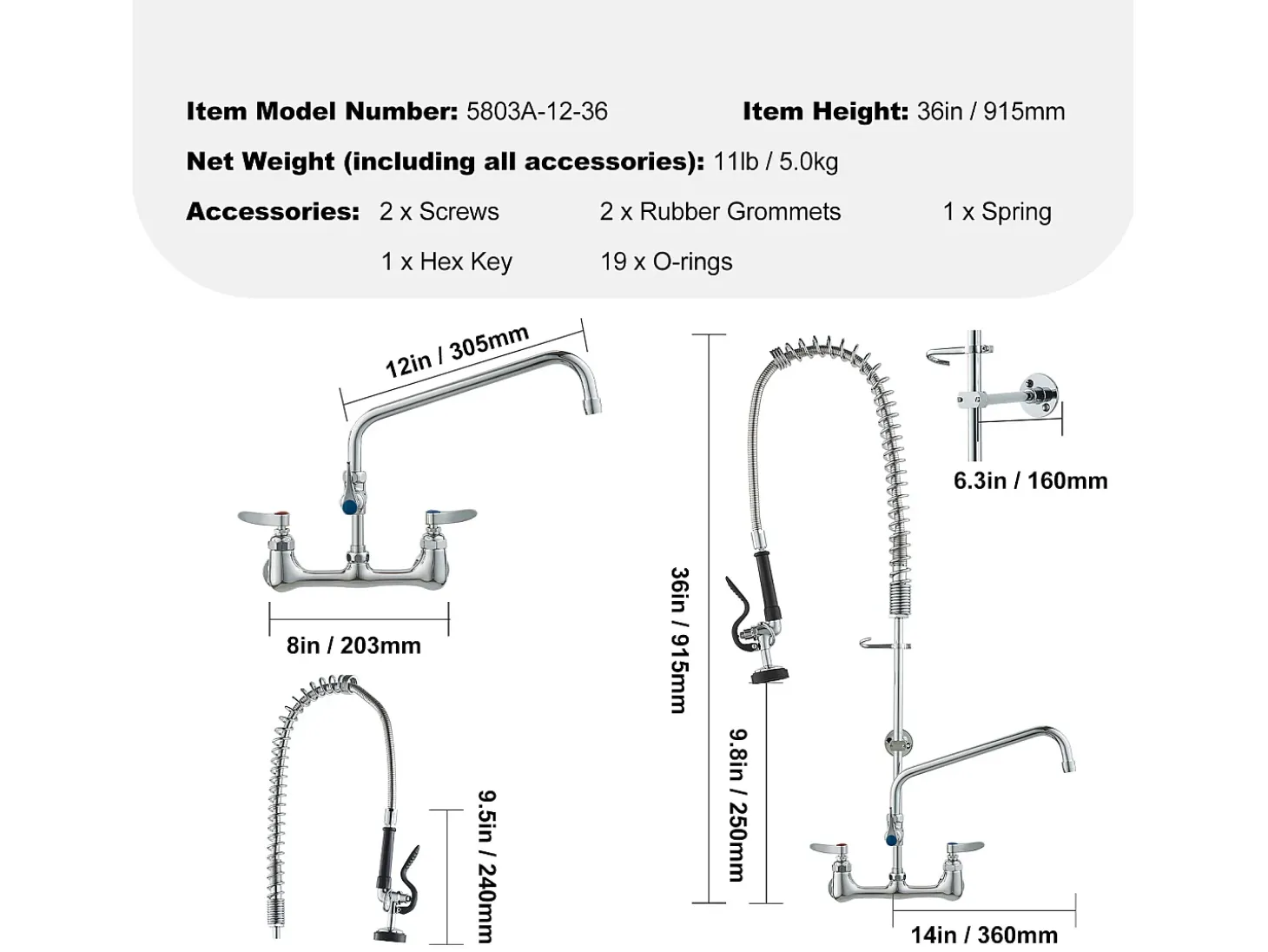 Grifo de Cocina SucceBuy para Fregadero de Cocina de Montaje en Pared - Con Rociador de Prelavado, 91 cm