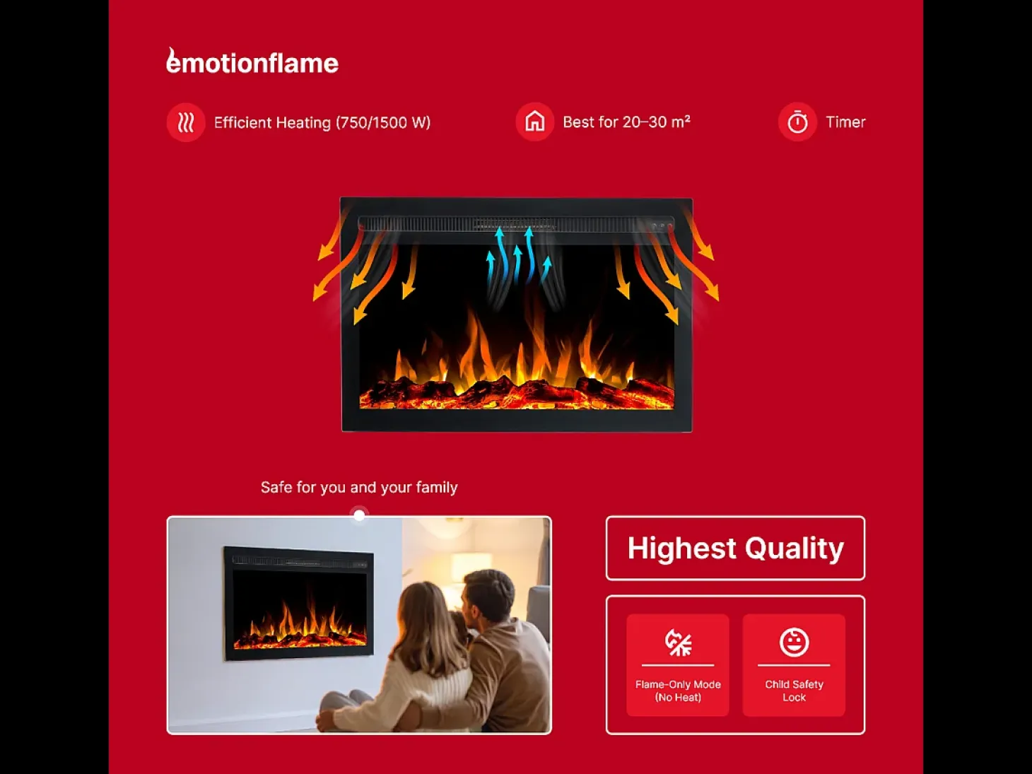 Insert eléctrico INFINITY para chimenea eléctrica - fuego premium - empotrada - 81x14x50 cm - chimenea LED con calefacción 750/1500 W