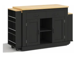Isla central con encimeras deslizantes - 142-340 x 55 x 93 cm - con enchufes y puertos USB + cajones + puertas - MDF - negro