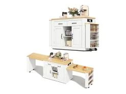 Isla central con encimeras deslizantes - 142-340 x 55 x 93 cm - con enchufes y puertos USB + cajones + puertas - MDF - blanco