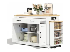 Isla central con encimeras deslizantes - 142-340 x 55 x 93 cm - con enchufes y puertos USB + cajones + puertas - MDF - blanco