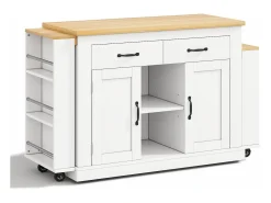 Isla central con encimeras deslizantes - 142-340 x 55 x 93 cm - con enchufes y puertos USB + cajones + puertas - MDF - blanco