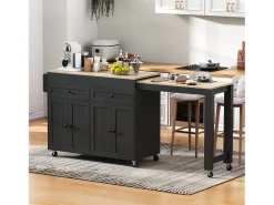 Isla central con ruedas - Isla de cocina extensible con encimera + 2 cajones - MDF - negro