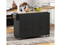 Isla central con ruedas - Isla de cocina extensible con encimera + 2 cajones - MDF - negro
