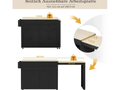 Isla central con ruedas - Isla de cocina extensible con encimera + 2 cajones - MDF - negro