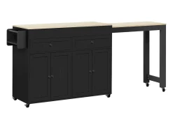 Isla central con ruedas - Isla de cocina extensible con encimera + 2 cajones - MDF - negro