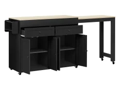 Isla central con ruedas - Isla de cocina extensible con encimera + 2 cajones - MDF - negro