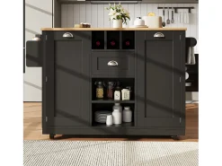 Isla central con ruedas - 140 x 40 x 93,5 - con encimera + 2 puertas + 1 cajón + botellero - MDF - negro