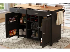 Isla central con ruedas - 102 x 45 x 92 cm - con 2 cajones + 2 puertas - metal + MDF - negro