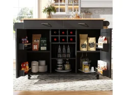 Isla central con ruedas - 102 x 45 x 92 cm - con 2 cajones + 2 puertas - metal + MDF - negro