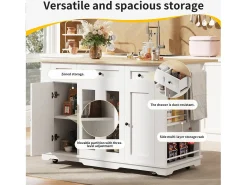 Isla central de cocina - carrito con ruedas y plancha extensible - 3 cajones y 6 estantes - Blanco