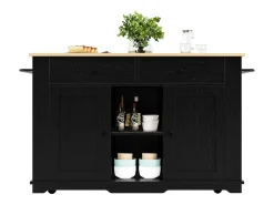 Isla central de cocina - carrito con ruedas y tomas - con plancha extensible - 2 puertas 2 cajones y 2 compartimentos - Negro