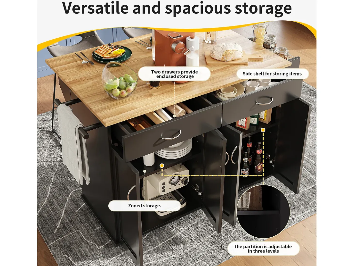 Isla central de cocina - carrito con ruedas y plancha extensible - 2 cajones y 4 puertas - Negro