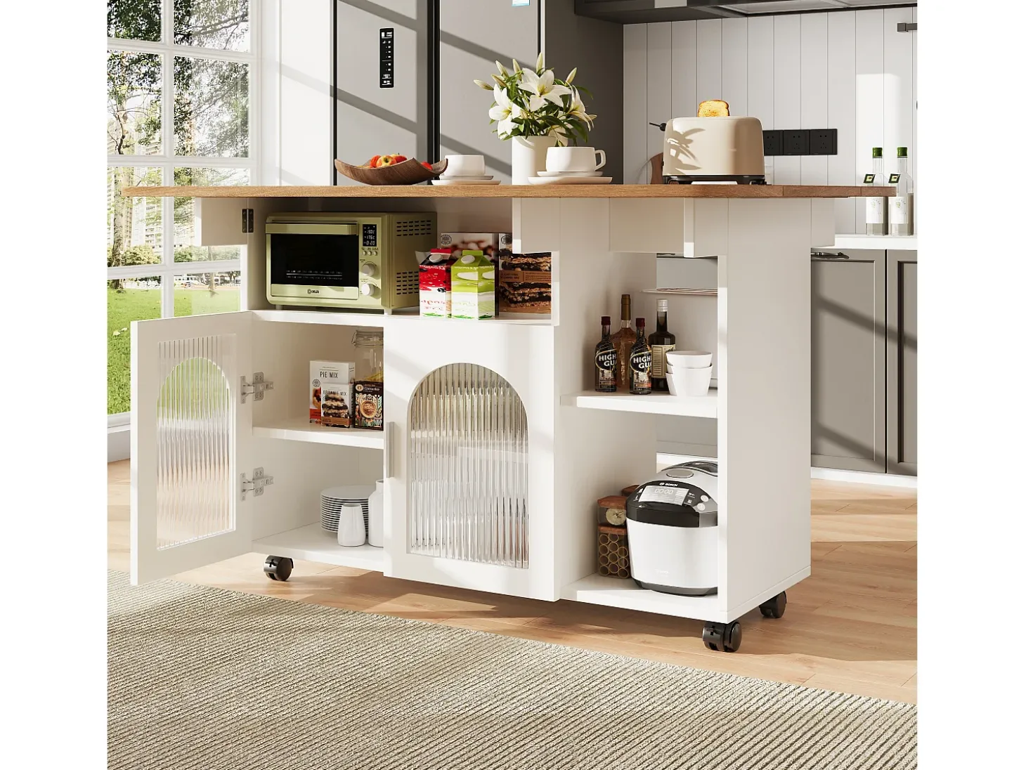 Isla central de cocina - carrito con ruedas y plancha extensible - 2 puertas y 3 compartimentos abiertos - Blanco