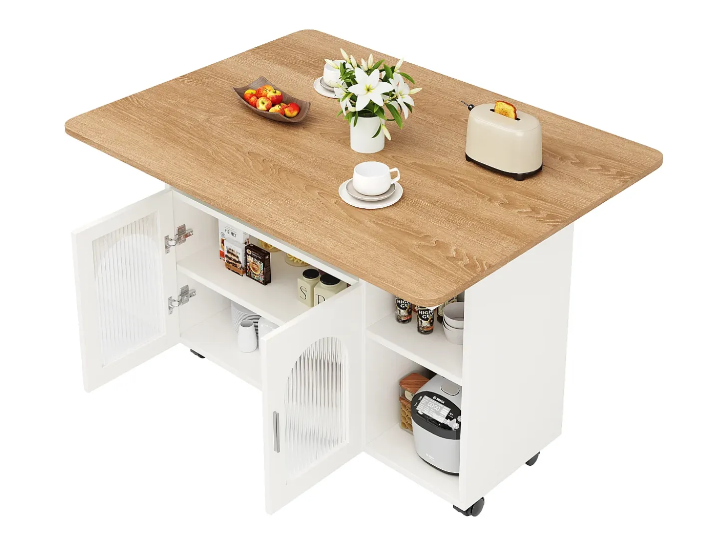 Isla central de cocina - carrito con ruedas y plancha extensible - 2 puertas y 3 compartimentos abiertos - Blanco