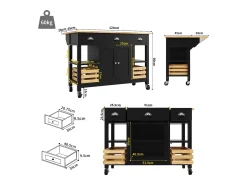 Isla central de cocina - carrito con ruedas y plancha extensible - 3 cajones y 2 puertas - Negro