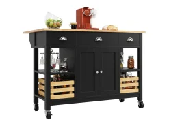 Isla central de cocina - carrito con ruedas y plancha extensible - 3 cajones y 2 puertas - Negro