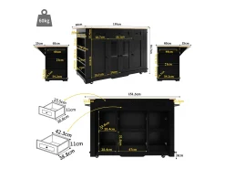 Isla central de cocina - carrito con ruedas y plancha extensible - 3 cajones y 6 estantes - Negro
