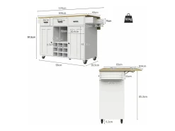 Isla central de cocina - carrito con ruedas y plancha extensible - 3 cajones y 2 puertas - Blanco