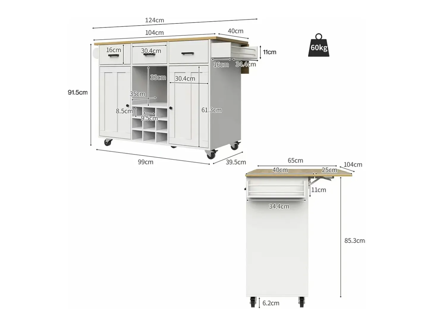Isla central de cocina - carrito con ruedas y plancha extensible - 3 cajones y 2 puertas - Blanco