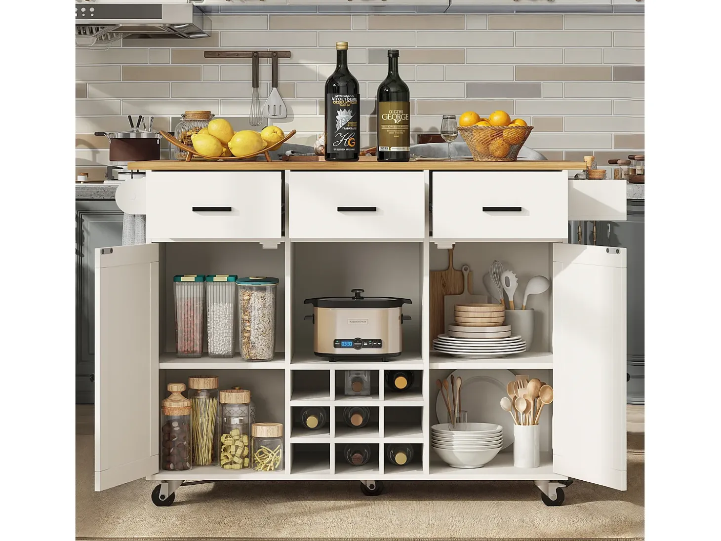 Isla central de cocina - carrito con ruedas y plancha extensible - 3 cajones y 2 puertas - Blanco