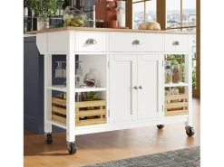 Isla central de cocina - carrito con ruedas y plancha extensible - 3 cajones y 2 puertas - Blanco