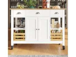 Isla central de cocina - carrito con ruedas y plancha extensible - 3 cajones y 2 puertas - Blanco